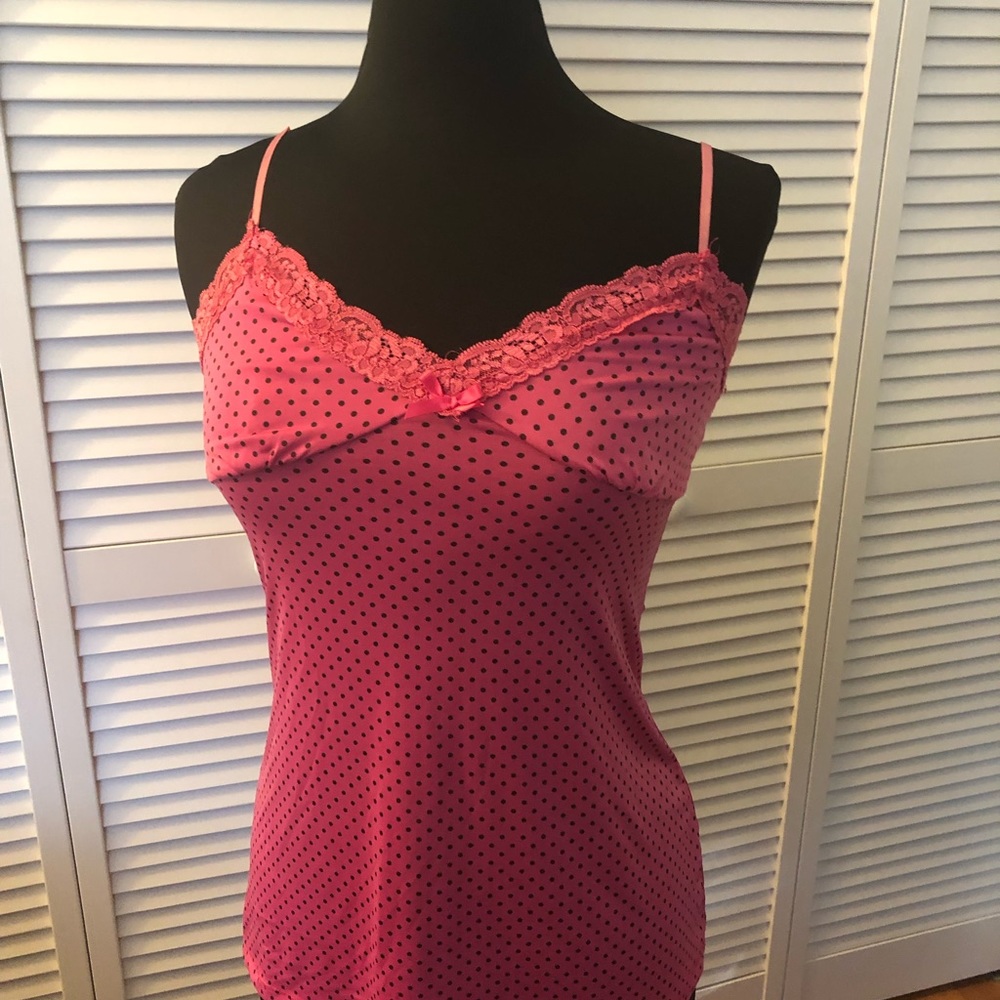 Pink and small black polka dot tank top